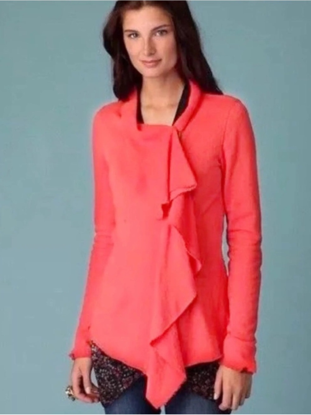 We The Free coral red ruffle-front long sleeve top